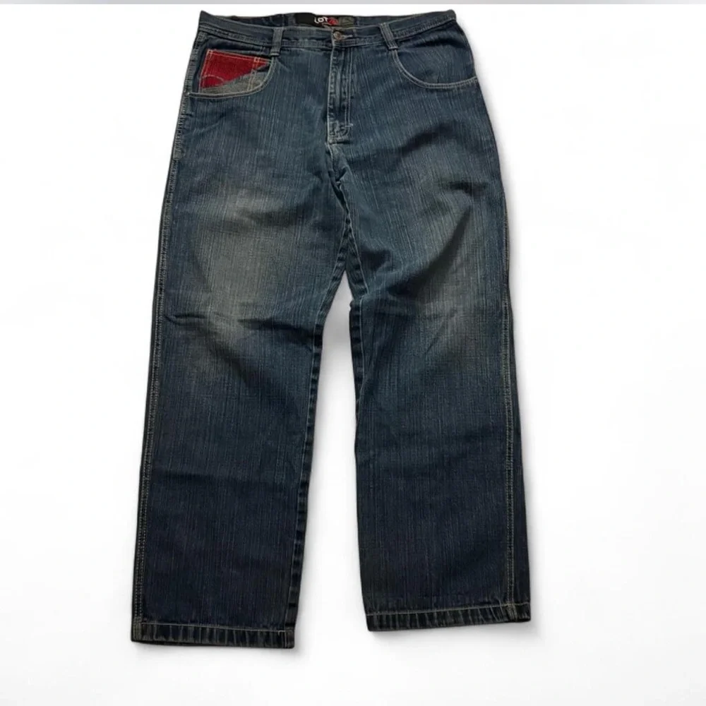 Men's Relaxed Fit Blue Jeans with Red Accent - Picture 1 of 2